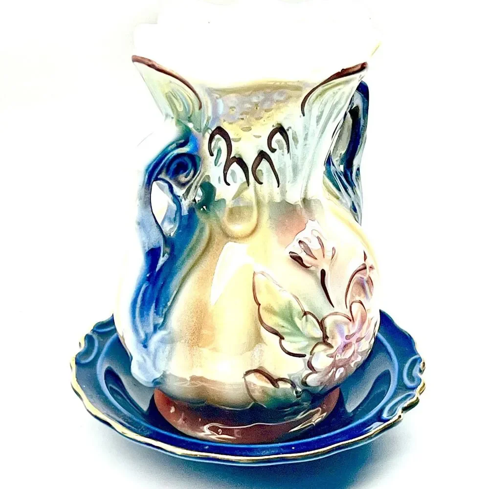 Vintage Iridescent Ceramic Flower Vase RARE w/Base/Plate - Hand-Painted #422